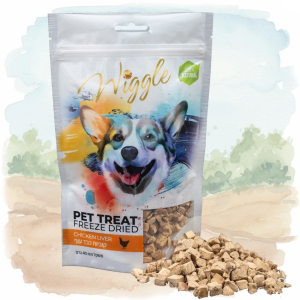 אריזת חטיף קוביות כבד עוף מיובשות בהקפאה של WIGGLE, טופר טבעי לשדרוג מזון לכלבים וחתולים.