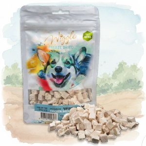 אריזת חטיף קוביות חזה עוף של WIGGLE, מיובש בהקפאה, 100% טבעי.