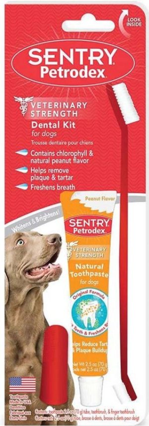 ערכת צחצוח שיניים לכלבים בטעם חמאת בוטנים – Sentry Petrodex | משחת שיניים, מברשת כפולה ומברשת אצבע
