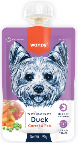 וונפי (Wanpy) – מוס בטעם ברווז, עוף, גזר ואפונה לכלבים (90 גרם)